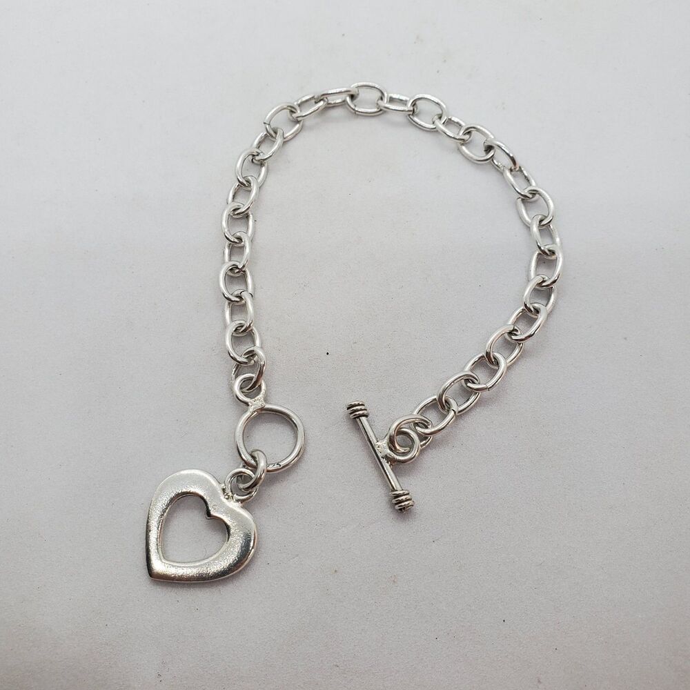 7.5" Sterling Silver Rolo Bracelet with Heart Charm Toggle Clasp 925